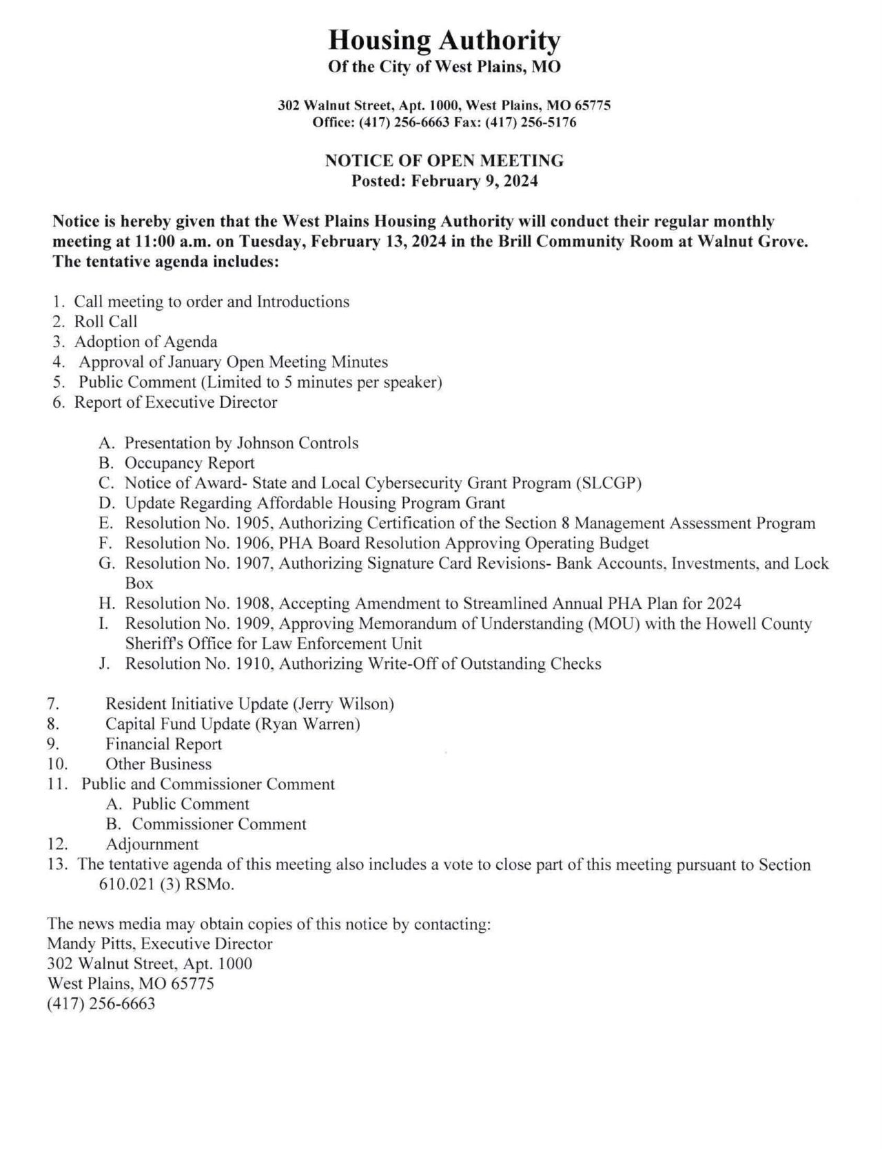 Open Source Notice Sample Notice of Open Meeting | February 13, 2024 | West Plains Housing Authority